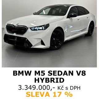 Supersportovní hybridní BMW M5 SEDAN V8 BITURBO HYBRID s celkovým výkonem 727 koní. České předváděcí auto skladem. Více...
